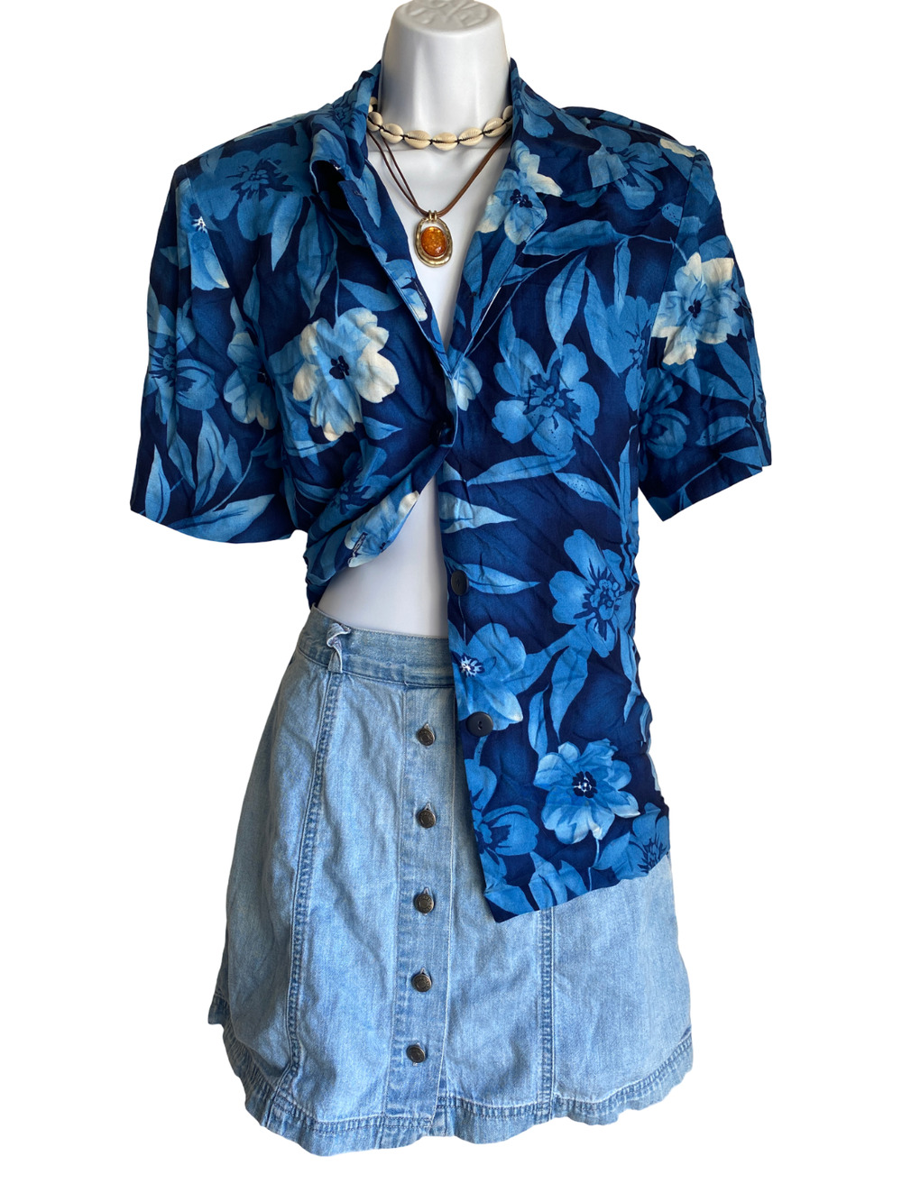 VTG Dressbarn Plus 16 Boho Blue Floral Button Up Blouse Avant Garde Cottagecore